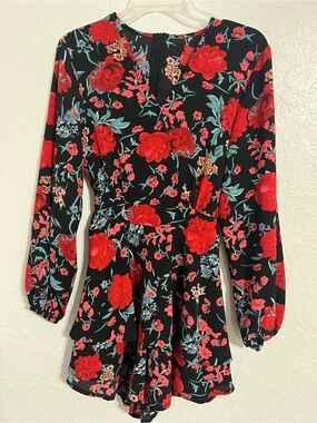 Floral black/red  Romper Jumpsuit  Long Sleeve Zip Back V-Neck Tie Back #32